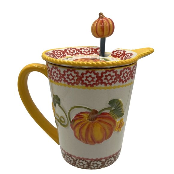 Temptations Hand Crafted & Painted 3D Pumpkin Harvest Mug Spoon & Lid 16 oz 3pcs - Picture 1 of 13